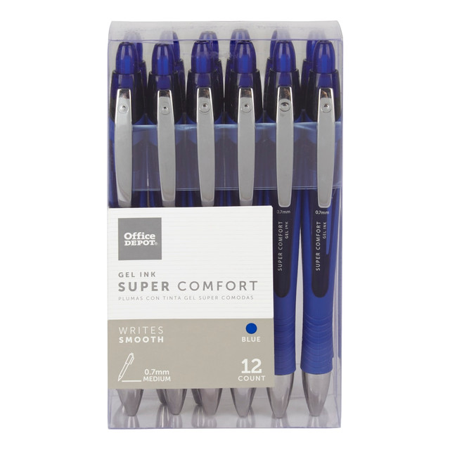 Perfectly suited for all-day use, these pens supply an irresistibly comfortable feel through a contoured rubber grip. Retractable tips let you tote these pens from home to the classroom without fear of marking up other supplies.  Super Comfort Grip pens make a bold statement.  Contoured rubber barrel and grip for feel-good performance.  Great choice for extended writing and heavy-duty note taking.  Retractable for convenient portability.  Includes 12 medium point gel pens with black ink.  Refillable - designed to be used repeatedly, helping you avoid single-use disposables and potentially save money.