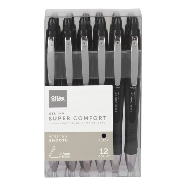 Perfectly suited for all-day use, these pens supply an irresistibly comfortable feel through a contoured rubber grip. Retractable tips let you tote these pens from home to the classroom without fear of marking up other supplies.  Super Comfort Grip pens make a bold statement.  Contoured rubber barrel and grip for feel-good performance.  Great choice for extended writing and heavy-duty note taking.  Retractable for convenient portability.  Includes 12 medium point gel pens with black ink.  Refillable - designed to be used repeatedly, helping you avoid single-use disposables and potentially save money.