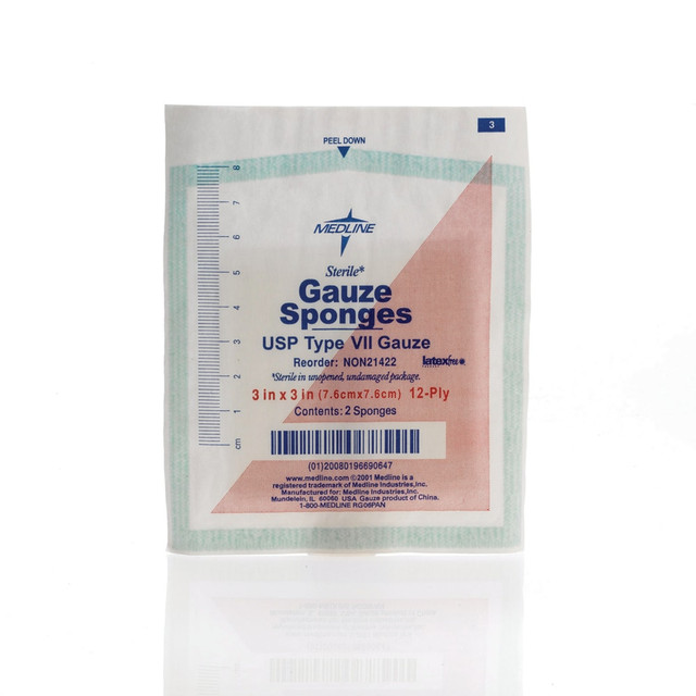 Medline MIINON21422  Sterile Woven Gauze Sponges, 12-Ply, 3in x 3in, White, Box Of 80