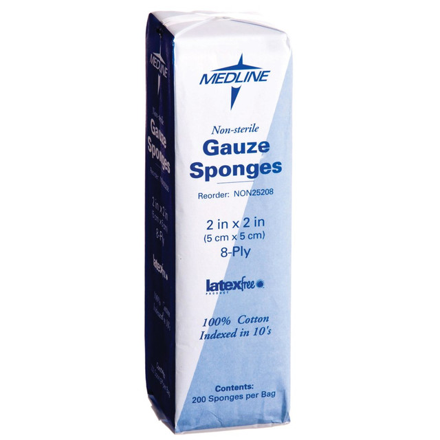 Medline MIINON25208  Non-Sterile Woven Gauze Sponges, 8-Ply, 2in x 2in, White, Pack Of 200