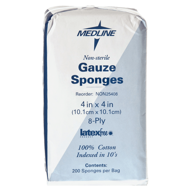 MEDLINE INDUSTRIES, INC. NON25408 Medline Gauze Sponges, Nonsterile, 4in x 4in, 8-Ply, Box Of 200 MEDLINE INDUSTRIES, INC. NON25408 Medline Gauze Sponges, Nonsterile, 4in x 4in, 8-Ply, Box Of 200