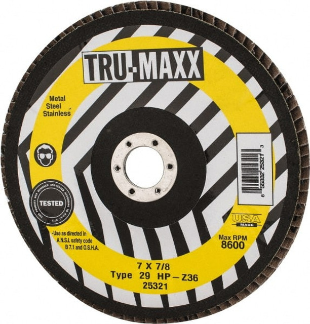 Tru-Maxx 25321 Flap Disc: 7/8" Hole, 36 Grit, Zirconia Alumina, Type 29