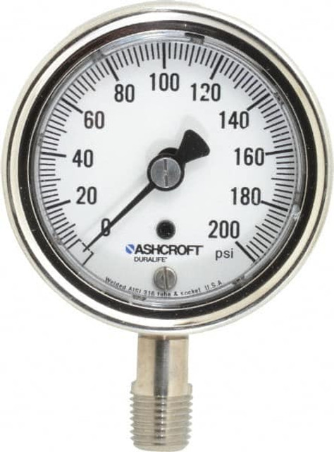 Ashcroft 94330 Pressure Gauge: 2-1/2" Dial, 0 to 200 psi, 1/4" Thread, NPT, Lower Mount
