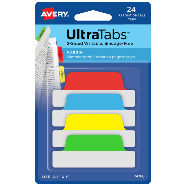 Avery Margin Ultra Tabs offer a narrow body that fits within the margins of books, notebooks and printed documents without interfering with text. This makes indexing, flagging and referencing documents quick and easy. The durable tabs are writable on both sides and the adhesive body is clear so you can see text underneath.  Mark pages with no interference; the tabs narrow body fits within margins of books, notebooks and documents  Easily view text or graphics underneath the clear body of the ultra tab  Sturdy and durable, these page tabs provide a strong enough hold to turn pages without worry of falling off  Reuse and re-stick multiple times; repositionable adhesive makes these sticky tabs removable for quick changes  Handwrite on both sides of the 2-sided writable tab  Get crisp and clear writing on the smudge-resistant* tab when using most pens, pencils, markers and highlighters  Perfect for home, office and school; Avery Ultra Tabs make great bible tabs, journal tabs, report tabs and notebook tabs  *Ink dry times may vary. Tab may lift some inks. Test before applying.  Pack of 6 red, 6 yellow, 6 green and 6 blue color tabs  Forest Stewardship Council (FSC) certified - made from wood/paper that comes from forests managed to rigorous environmental and social standards, supported by the worlds leading conservation organizations.  UL Claim Validation - UL environmental claim validations lend third-party credibility to single-attribute environmental claims.  Leadership forestry - from forests or sourcing programs that meet specific environmental standards, helping you support practices that better protect forests and the environment.