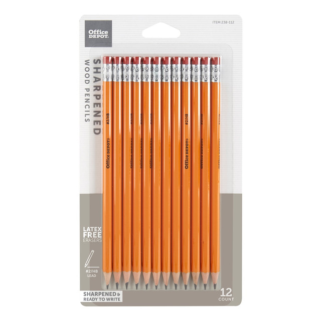 Classic pencils for everyday use, keep a box of these Office Depot brand no. 2 HB pencils in your desk or kitchen drawer so you are always ready to write!  No need to rummage around for a sharpener, these pencils are pre-sharpened for immediate use.  Hexagonal woodcase is smart, comfortable to hold and resists rolling.  Soft latex-free eraser topper in sturdy metal ferrule for smudge-resistant corrections.  Pack of 12 pencils.