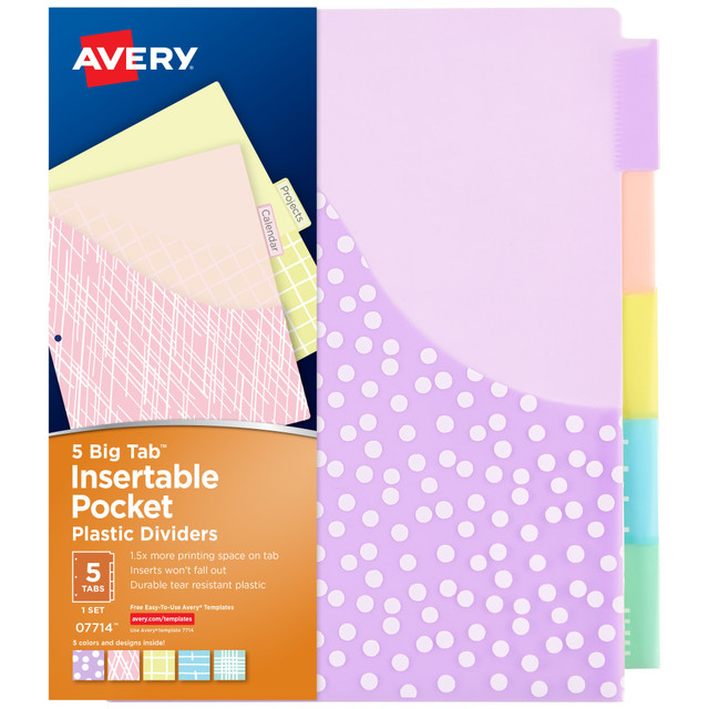 AVERY PRODUCTS CORPORATION 7714 Avery Dividers For 3 Ring Binders, 5-Tab Binder Dividers, Plastic Binder Dividers With Pockets, Insertable Big Tab, Pastel Classic Designs, 1 Set (07714)