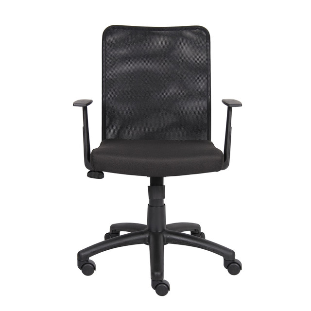 Work in comfort on this Boss Budget mesh task chair. The 27-inch black nylon base provides reliable stability, while the breathable mesh fabric and padding deliver comfort and ample airflow to keep you cool. An upright lock ensures optimal back support, and the pneumatic gas lift lets you customize the seats height. This Boss Budget mesh task chair has hooded double-wheel casters for hassle-free movement.  Fabric seat with mesh back provides durability and efficient ventilation.  Pneumatic adjustable gas lift for easy height modification.  Spring-tilt mechanism lets you easily change body position.  Adjustable arm design offers custom comfort.  25in nylon base with double-wheel casters for hassle-free movement.  Tested to meet ANSI/BIFMA Performance Standards - Manufacturer testing has been conducted on this product to meet specific performance requirements and safety standards set forth by the American National Standards Institute (ANSI) and the Business and Institutional Furniture Manufacturers.