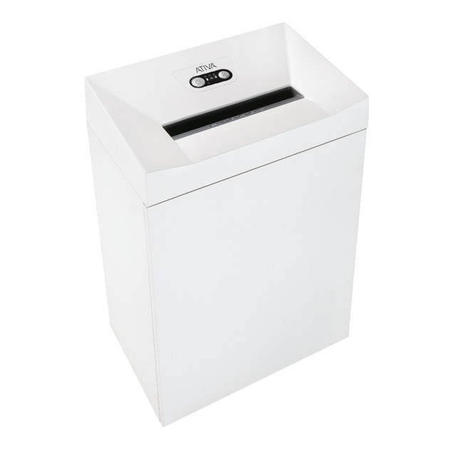 Perfect for the home or small office, this Ativa shredder in white (PRO30S) makes quick work of shredding personal and professional documents. The unit is capable of handling up to 30 sheets per pass.  The 30-sheet strip-cut shredder is designed for use in smaller offices. For up to 6 users.  Strip-cut shredding for confidential personal and business documents. Shreds documents into 1/4in strips.  Shreds up to 30 sheets per pass. The 11-3/4in throat width accepts a wide variety of document sizes.  Low power consumption in standby mode.  Paper feed with overload protection reduces paper jams.  Durable, hardened steel cutters slice through credit cards. Cutters come with the manufacturers lifetime warranty.  Runs continuously so you donT have to wait in between jobs. Has a light barrier for automatic starts and stops.  Powerful, yet quiet motor helps minimize noise levels in the workplace.  Automatically switches off if pressure is applied to the safety element.  Removable 21-gallon wastebasket with a separate collecting bag for different materials.  High-quality wooden cabinet door blends into office furniture.  Casters allow you to move the shredder throughout your workspace with ease.  Ativa is a trademark or registered trademark of The Office Club, Inc.