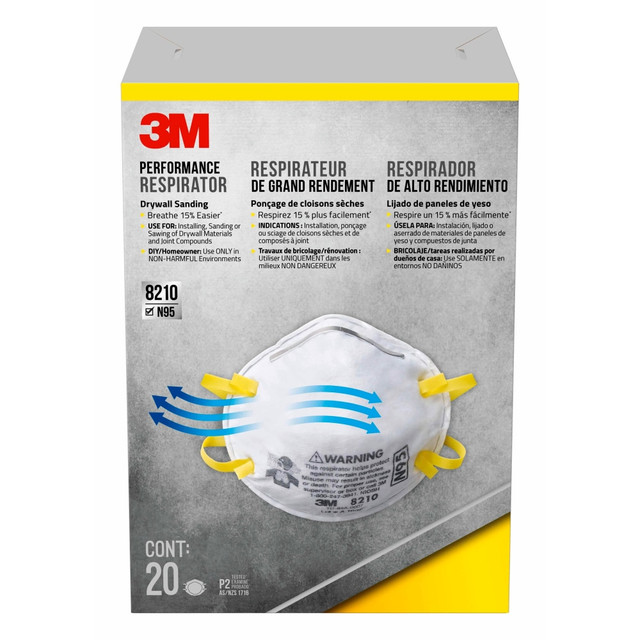 3M CO 3M 8210D20-DC  Performance N95 Drywall Sanding Respirators, White, Pack Of 20 Respirators, 8210D20-DC