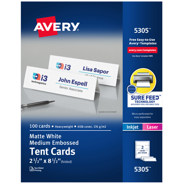 AVERY PRODUCTS CORPORATION 5305 Avery Printable Tent Cards With Sure Feed Technology, 2.5in x 8.5in, White With Embossed Border, 100 Blank Place Cards