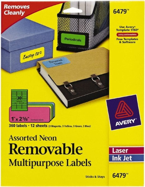 AVERY 06479 Label Maker Label: Assorted Color, Paper, 2-5/8" OAL, 1" OAW, 360 per Roll