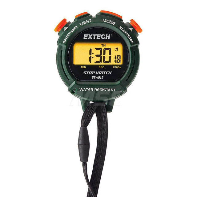 Extech STW515 Stopwatches; Type: Digital Stopwatch; Accuracy: +/-3; Power Source: Battery; Elapsed Time: Yes; Snooze Alarm: Yes; Split Time: Yes; Water-resistance: Yes; Includes:  CR2032 battery and 39" (1 m) snap-away neckstrap; Functions: Elapsed T