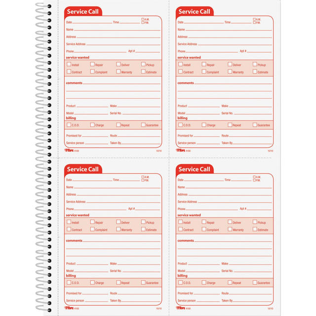 TOPS BUSINESS FORMS 4100 TOPS Service Call 2-part Spiral Message Slip Book - 200 Sheet(s) - Spiral Bound - 2 Part - Carbonless Copy - 5.50in x 4in Form Size - 8 1/4in x 11in Sheet Size - Red Print Color - 1 / Each