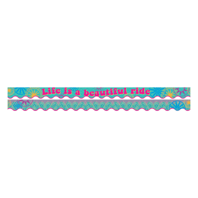 Double-sided strips help you create an exciting classroom display to bring your next unit to life. Tack them up bulletin boards, around learning centers and other areas!  Surround bulletin boards, cubicles and childrens bedrooms to offer an attention-grabbing appearance.  Sporty scalloped edges and coordinating designs on each side allow you to mix and match.  Each strip measures 2 1/4in x 36in to provide 39ft of borders per pack.