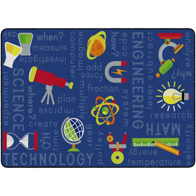Inspire children to explore science, technology, engineering and mathematics with the Flagship Carpets STEM Area Rug. This rug boasts a stainless, mildew-resistant, soil-resistant and antimicrobial design to make it ideal for use in classrooms.  STEM rug helps inspire children to learn about science, technology, engineering and math.  Made with 100% 6.6 continuous filament nylon and bound with double-stitch surge nylon edge yarn to offer durability.  Stainless for permanent soil resistance and stain protection.  Treated with FORCE 5 agent to make the rug antimicrobial, odor resistant and mildew resistant.  Eco-conscious choice - has one or more meaningful eco-attributes or eco-labels.  Antimicrobial is an agent that kills microorganisms or stops their growth.  Less harsh chemicals - made with fewer harsh chemicals, or safer chemicals than typical alternatives, helping  reduce your use of and exposure to substances that may be more harmful to your health and the environment.