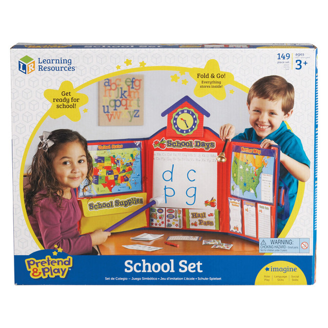 The bell rings - class is in session! Kids can develop social and communication skills with this realistic school set that lets them take part in their own imaginary classrooms.  Engaging set includes everything needed to create a pretend classroom. 149-piece set offers a trifold board, a grade book, stickers, hall passes, a dry-erase board, a hand pointer, crayons, a double-sided calendar and a double-sided U.S. map.  Promotes visual and tactile learning through imaginative play. Helps develop social, behavioral and communication skills and encourages kids to ask questions about the experience of going to school, so they can feel more comfortable on the first day.  A great resource for children in preschool to grade 2.