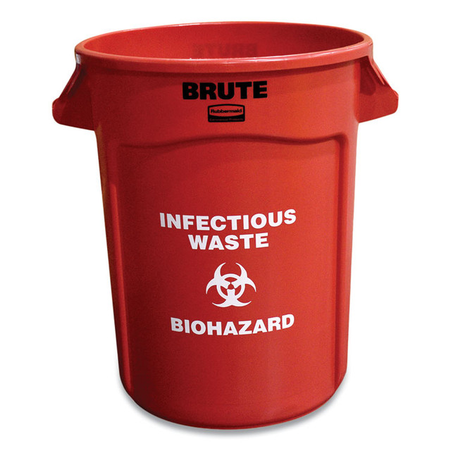 RUBBERMAID COMMERCIAL PROD. 2632-94 RED Vented Round Brute Container, "Infectious Waste: Biohazard" Imprint, 32 gal, Plastic, Red