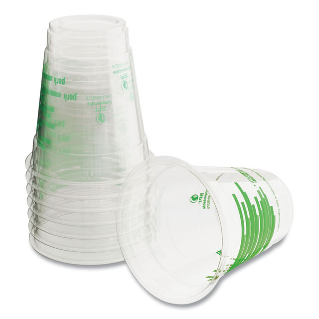 PERK 24394121 Eco-ID Compostable PLA Corn Plastic Cold Cups, 12 oz, Clear/Green, 50/Pack, 6 Packs/Carton