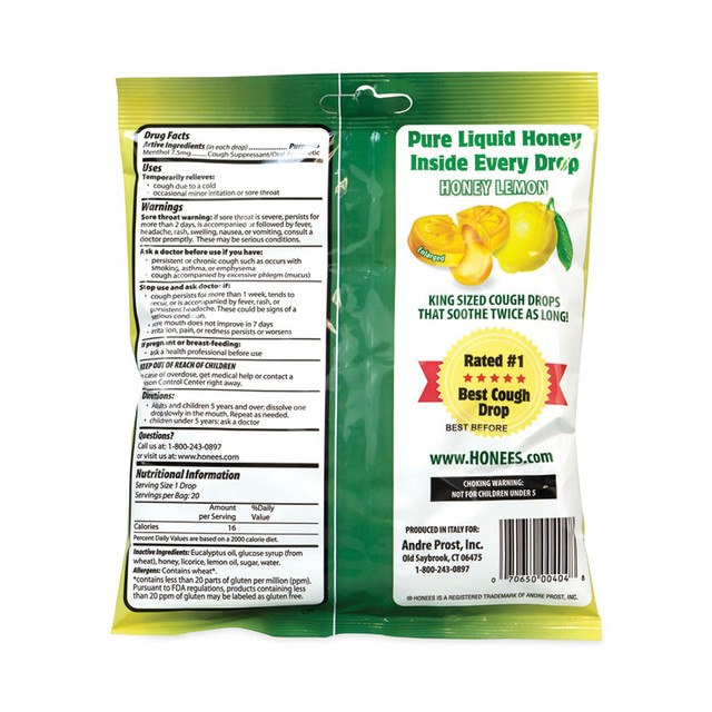 AMBROSOLI HONEES® 29300005 Cough Drops, Honey-Lemon, 20 per Bag, 6 Bags/Pack