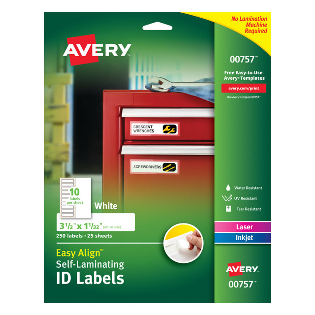 AVERY PRODUCTS CORPORATION 00757 Avery Easy Align Self-Laminating ID Labels, AVE00757, 1 1/16in x 3 1/2in, White, Pack of 250 AVERY PRODUCTS CORPORATION 00757 Avery Easy Align Self-Laminating ID Labels, AVE00757, 1 1/16in x 3 1/2in, White, Pack of 250