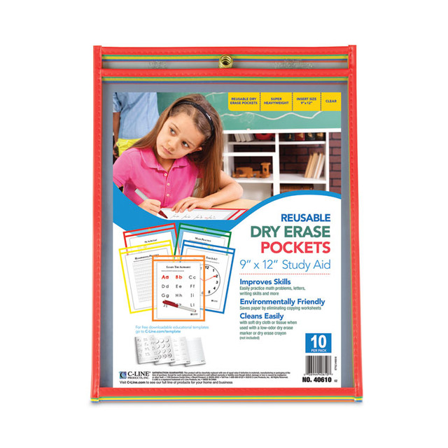 C-LINE PRODUCTS, INC 40610 Reusable Dry Erase Pockets, Super Heavy-Duty, Top Load 9 x 12 Insert, Clear Front, Assorted Border Colors, 10/Pack