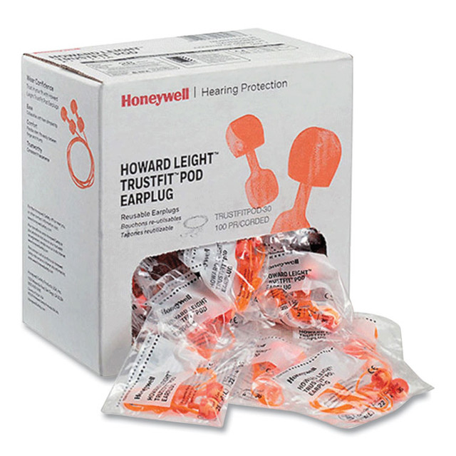 HONEYWELL ENVIRONMENTAL Howard Leight® by TRSTFITPOD30 TrustFit Pod Corded Reusable Foam Earplugs, One Size Fits Most, 28 dB NRR, Orange, 1,000/Carton