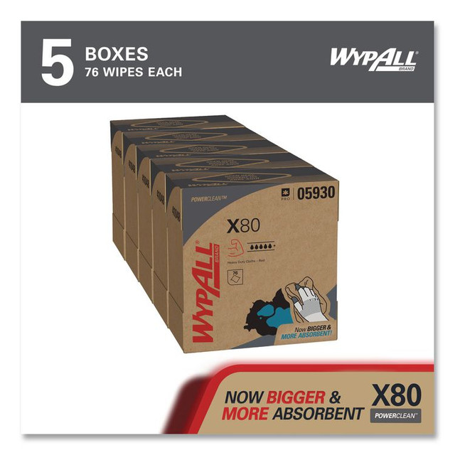 KIMBERLY-CLARK PROFESSIONAL WypAll® 05930 Power Clean X80 Heavy Duty Cloths, HYDROKNIT, POP-UP Box, 8.34 x 16.8, Red, 76/Box, 5 Box/Carton
