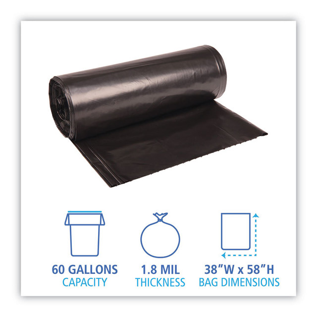 BOARDWALK 526 Recycled Low-Density Polyethylene Can Liners, 60 gal, 1.8 mil, 38" x 58", Black, Perforated, 10 Bags/Roll, 10 Rolls/Carton