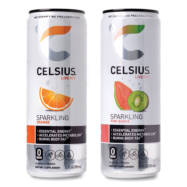 CELSIUS 22002166 Live Fit Variety Pack, Kiwi Guava and Orange, 12 oz Can, 24/Carton