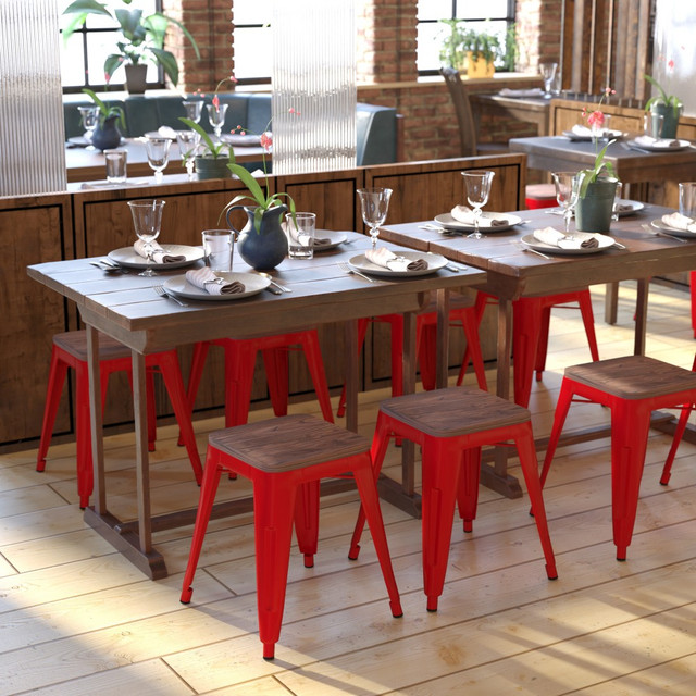 FLASH FURNITURE ETBT350318REDWD  Backless Table-Height Stools With Wooden Seats, Red, Set Of 4 Stools