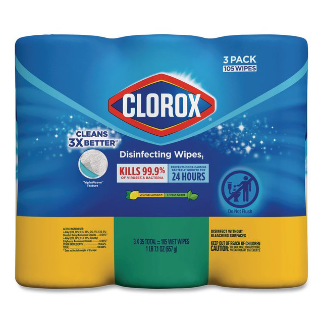 CLOROX SALES CO. 30112 Disinfecting Wipes, 1-Ply, 7 x 8, Fresh Scent/Citrus Blend, White, 35/Canister, 3 Canisters/Pack