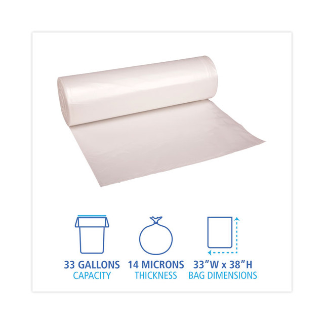 BOARDWALK 334016 High-Density Can Liners, 33 gal, 14 mic, 33" x 38", Natural, Perforated Roll, 25 Bags/Roll, 10 Rolls/Carton