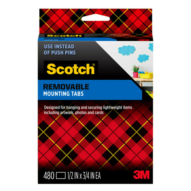 3M CO 7225 Scotch Wall Mounting Tabs, 1/2in x 3/4in, Pack Of 480