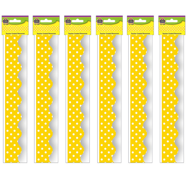Create a unique bulletin board theme with the Teacher Created Resources Scalloped Border Trim Pack. These vibrant border trim strips are made of acid-free paper and help liven up your classroom.  Scalloped border trim helps liven up any classroom.  Made of acid-free paper.  Creates themes for bulletin boards, walls, windows and projects.  Each pack includes 12 pieces for a total length of 35ft. Sold as 6 packs for a total of 210ft.