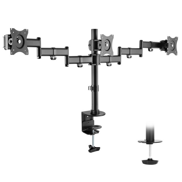 MI-1753 is economical and dependable, mechanical monitor arms allow several height options for placing your monitor in the best ergonomic position, while offering more desktop space. The double link swing arms that support the monitors can be adjusted on the vertical tube for the best height adjustment. The arms and the base come with integrated cable management feature. Cable management system keeps cords organized. The heavy duty weighted metal base as well as the grommet mechanism secures the mount to the desk. The arms that support the monitors can be adjusted on the vertical tube for the best height adjustment. Articulating arms on the sides allow swivel function up to 360 degrees with 15 degrees of tilt at the mounting panel.  UNIVERSAL TRIPLE MONITOR DESK MOUNT: Fits 3 computer screens 13 15 17 19 20 21 22 23 24 27 inches, with a maximum support weight of 17.6 pounds each, using the 75x75mm or 100x100mm  VESA square bolt hole pattern found on the back of the monitors.  FEATURES: The full motion tri monitor desk stand is made of heavy duty steel and has integrated cable management clips on each arm to keep your cables organized. Comes with interchangeable C-clamp and grommet base mount for desktops up to 4 inches thick.  FULLY ADJUSTABLE: 2 of the 3 monitor arms can tilt up or down 15 degrees or swivel 45 degrees left and right, and all 3 monitors can rotate 180 degrees in either direction for landscape or portrait orientation. The height can be adjusted on the middle pole.  EASY INSTALLATION: Comes with all mounting hardware, tools, and instructions necessary for assembly. See instructional video for additional tips on functionality and assembly.  Compatible with Samsung, Sony, LG, Sharp, HP, Vizio, Dell, Toshiba, Sharp, Element, TCL, Panasonic, Sceptre and leading brands