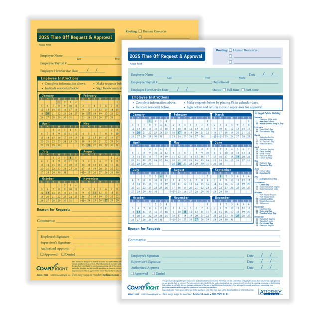 TAX FORMS PRINTING, INC. A0045 ComplyRight 2024 Time Off Request And Approval Forms, 2-Part, 5 1/2in x 8 1/2in, White, Pack Of 50