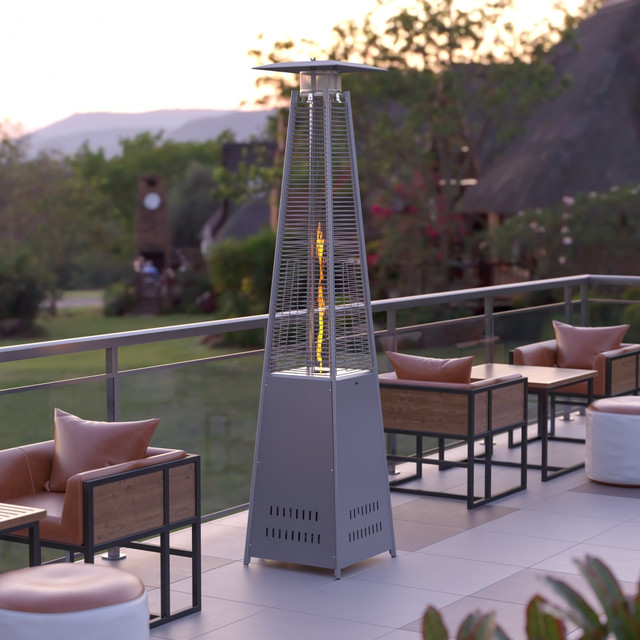 FLASH FURNITURE NANFSDC01SL Sol Stainless-Steel Pyramid 42,000 BTU Outdoor Propane Heater With Wheels, 90inH x 22-1/4inW x 22-1/4inD, Silver FLASH FURNITURE NANFSDC01SL Sol Stainless-Steel Pyramid 42,000 BTU Outdoor Propane Heater With Wheels, 90inH x 22-1/4inW x 22-1/4inD, Silver