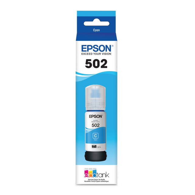 Compatible Epson models: ET : EcoTank ET-2760, EcoTank ET-2850, EcoTank ET-2980, EcoTank ET-3710, EcoTank ET-3760, EcoTank ET-3830, EcoTank ET-3843, EcoTank ET-3850, EcoTank ET-4760, EcoTank ET-4850, EcoTank ET-15000.   Expression : ET-2700 EcoTank, ET-2750 EcoTank, ET-3700 EcoTank.   WorkForce:  ET-3750 EcoTank,  ET-4750 EcoTank,  ET-4752 EcoTank,  ST-2000,  ST-3000,  ST-4000,  ST-C2100,  ST-C4100.  .  T502 EcoTank Ink Cyan Ink Bottle  Epson exclusive - auto-stop ink bottlesUniquely keyed - easy filling of each colorUltra high-capacity - go longer between refillsGenuine Epson Ink - great quality and brilliant results  Auto-stop ink bottle is uniquely keyed to make refilling each tank easy.  Water- and smudge-resistant ink provides beautiful prints that last.  Recycling solution - designed to encourage recycling, helping you divert materials from landfill.