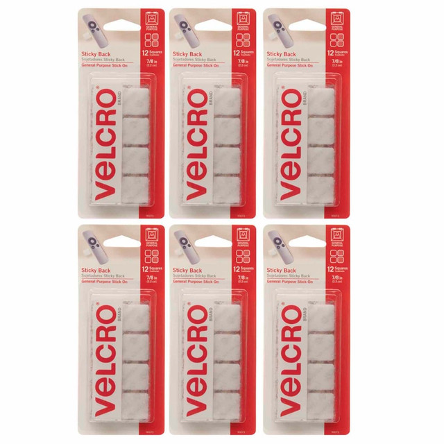 VELCRO Brand VEC90073-6 STICKY BACK Fasteners, Square, 0.88in, White, 12 Fasteners Per Pack, Set Of 6 Packs VELCRO Brand VEC90073-6 STICKY BACK Fasteners, Square, 0.88in, White, 12 Fasteners Per Pack, Set Of 6 Packs