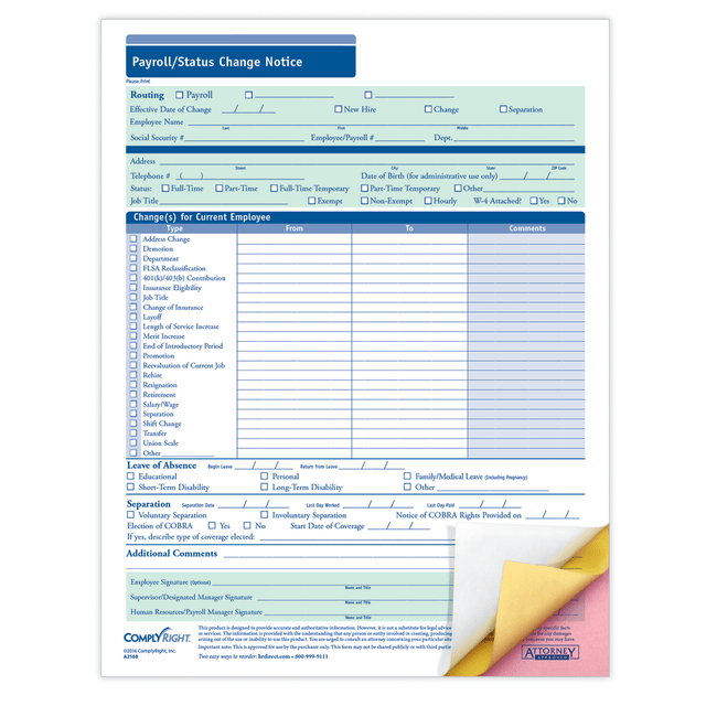 TAX FORMS PRINTING, INC. A2168 ComplyRight Payroll/Status Change Notices, 3-Part, 8 1/2in x 11in, Pack Of 50