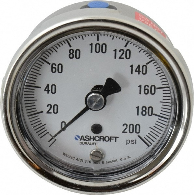 Ashcroft 94891 Pressure Gauge: 2-1/2" Dial, 200 psi, 1/4" Thread, NPT, Lower Back Mount