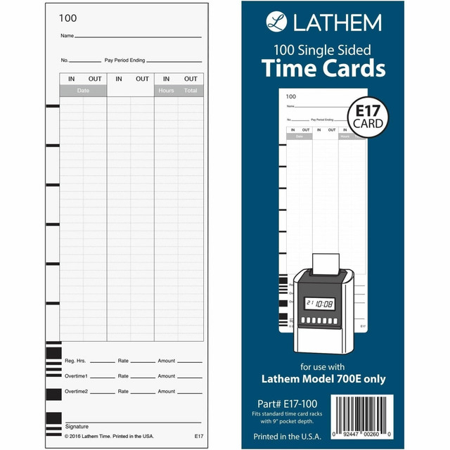 LATHEM TIME CORPORATION E17100 Lathem Model 700E Clock Single Sided Time Cards - White - Black Print Color - 100 / Pack