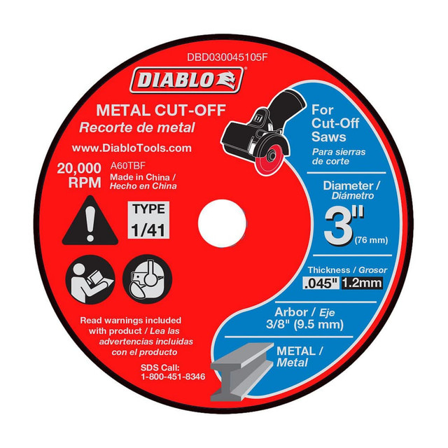 DIABLO DBD030045105F Cut-Off Wheel:  Type 1 (01/41),  3" Dia,  Aluminum Oxide