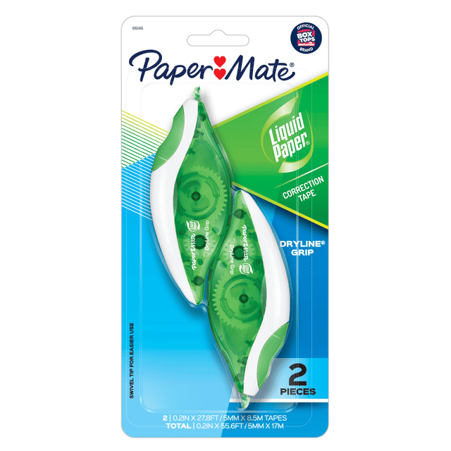 NEWELL BRANDS INC. 6624 Paper Mate Liquid Paper DryLine Grip Correction Tape, Single Line, 335in, White, Pack Of 2 NEWELL BRANDS INC. 6624 Paper Mate Liquid Paper DryLine Grip Correction Tape, Single Line, 335in, White, Pack Of 2