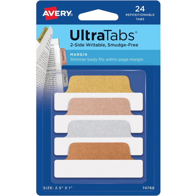 AVERY PRODUCTS CORPORATION 74786 Avery UltraTabs Repositionable Margin Tabs - Write-on Tab(s) - 1in Tab Height x 2.50in Tab Width - Gold, Silver, Rose Gold, Copper Tab(s) - 24 / Pack AVERY PRODUCTS CORPORATION 74786 Avery UltraTabs Repositionable Margin Tabs - Write-on Tab(s) - 1in Tab Height x 2.50in Tab Width - Gold, Silver, Rose Gold, Copper Tab(s) - 24 / Pack