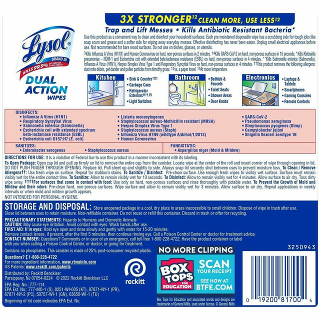 Reckitt Benckiser plc Lysol 81700CT Lysol Dual Action Wipes Reckitt Benckiser plc Lysol 81700CT Lysol Dual Action Wipes