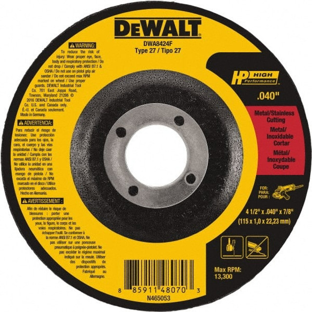 DeWALT DWA8424F Depressed Center Wheel: Type 27, 4-1/2" Dia, 0.04" Thick, Aluminum Oxide