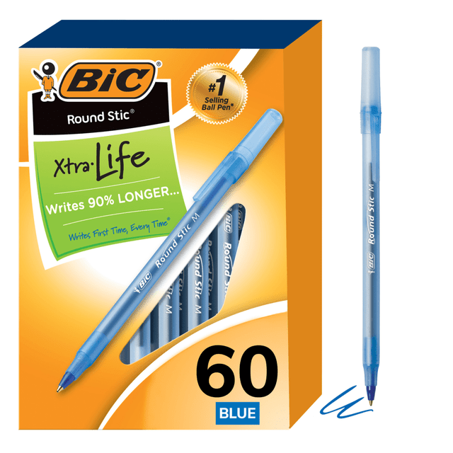 BIC CORP GSM609-BLU BIC Round Stic Ballpoint Pens, Medium Point, 1.0 mm, Translucent Barrel, Blue Ink, Box Of 60 BIC CORP GSM609-BLU BIC Round Stic Ballpoint Pens, Medium Point, 1.0 mm, Translucent Barrel, Blue Ink, Box Of 60