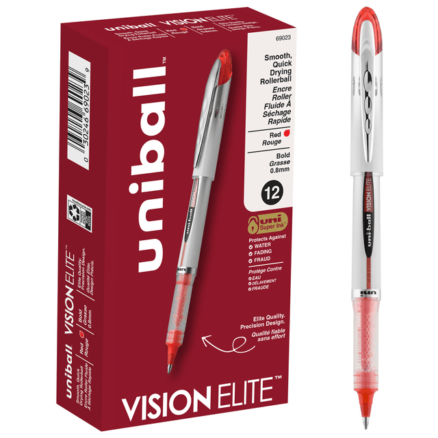 NEWELL BRANDS INC. 69023 uni-ball Vision Elite Liquid Ink Rollerball Pens, Bold Point, 0.8 mm, White Barrel, Red Ink, Pack Of 12 NEWELL BRANDS INC. 69023 uni-ball Vision Elite Liquid Ink Rollerball Pens, Bold Point, 0.8 mm, White Barrel, Red Ink, Pack Of 12