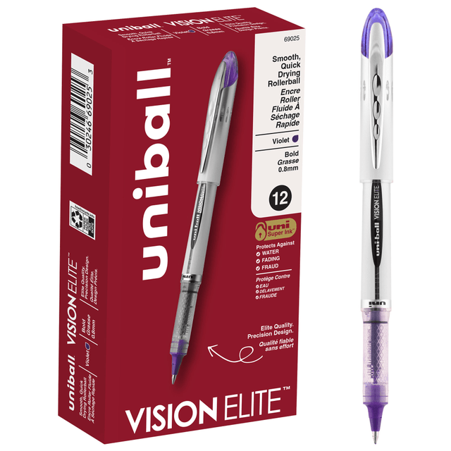 NEWELL BRANDS INC. 69025 uni-ball Vision Elite Liquid Ink Rollerball Pens, Bold Point, 0.8 mm, White Barrel, Purple Ink, Pack Of 12 NEWELL BRANDS INC. 69025 uni-ball Vision Elite Liquid Ink Rollerball Pens, Bold Point, 0.8 mm, White Barrel, Purple Ink, Pack Of 12